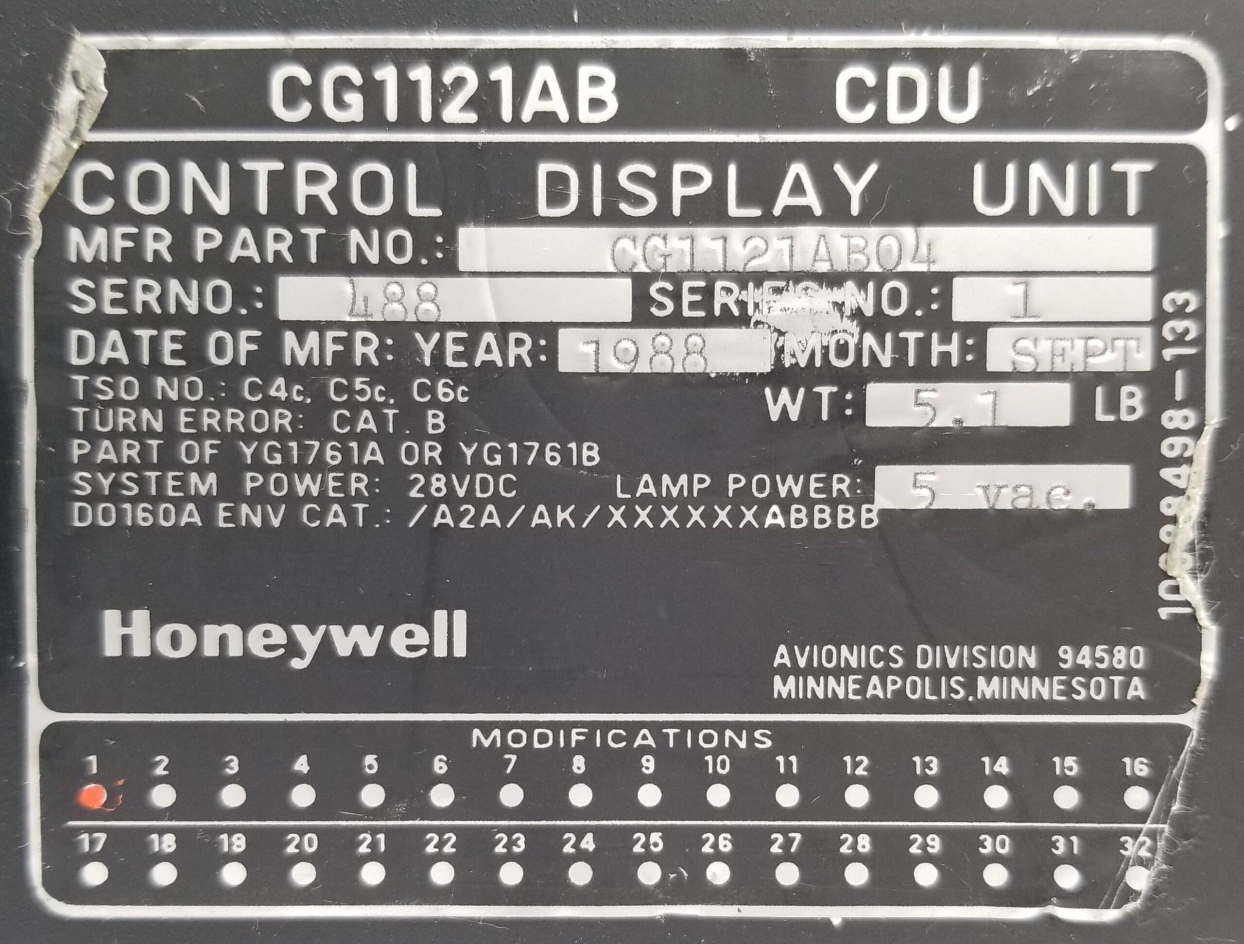 Honeywell CG1121AB04 Control Display Unit Honeywell CG1121AB04 Control ...