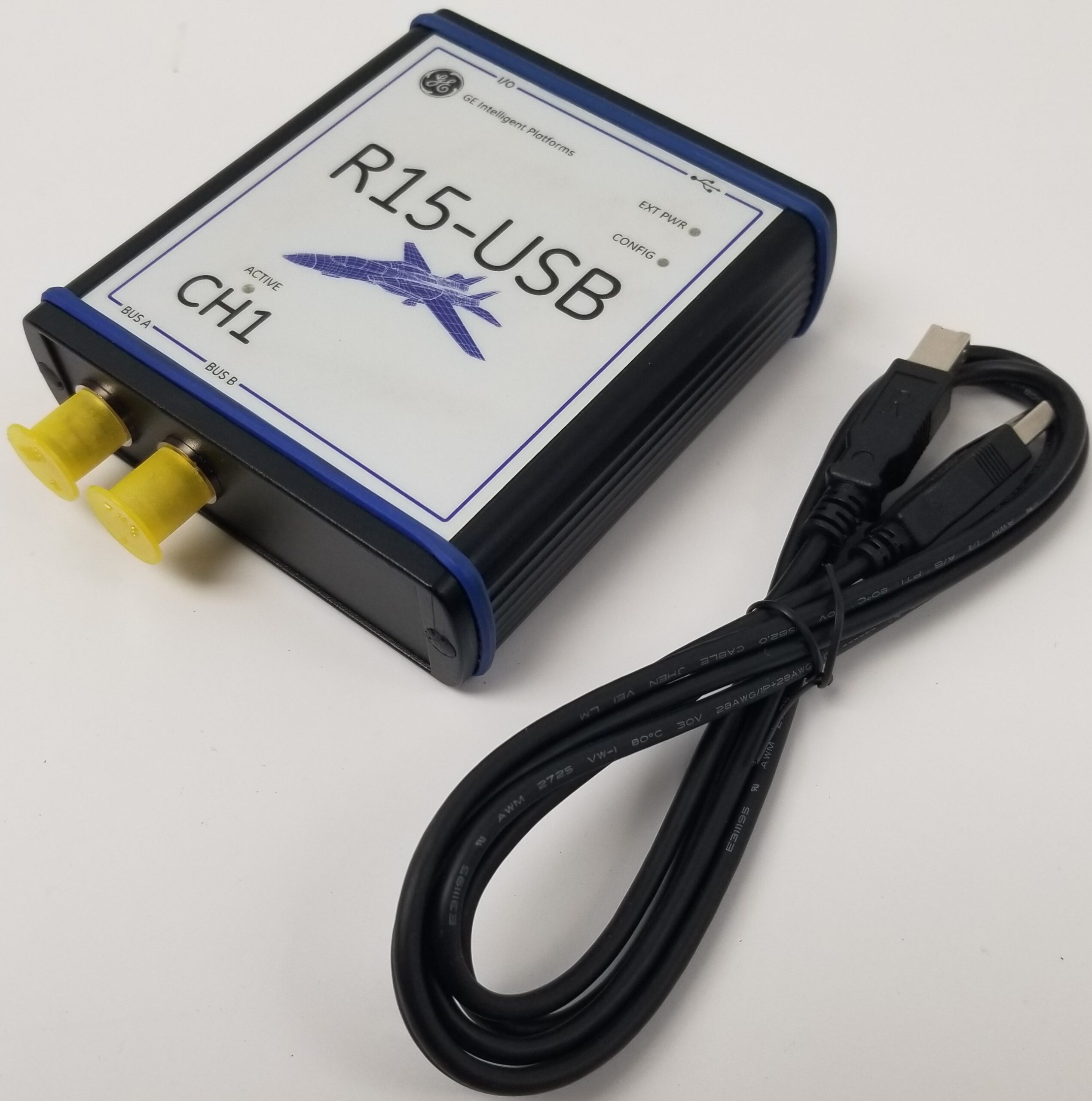 GE Intelligent Platforms R15-USB MIL-STD-1553A/B Notice II high speed USB 2.0 interface with one MIL-STD-1553A/B Notice II/IV channel.