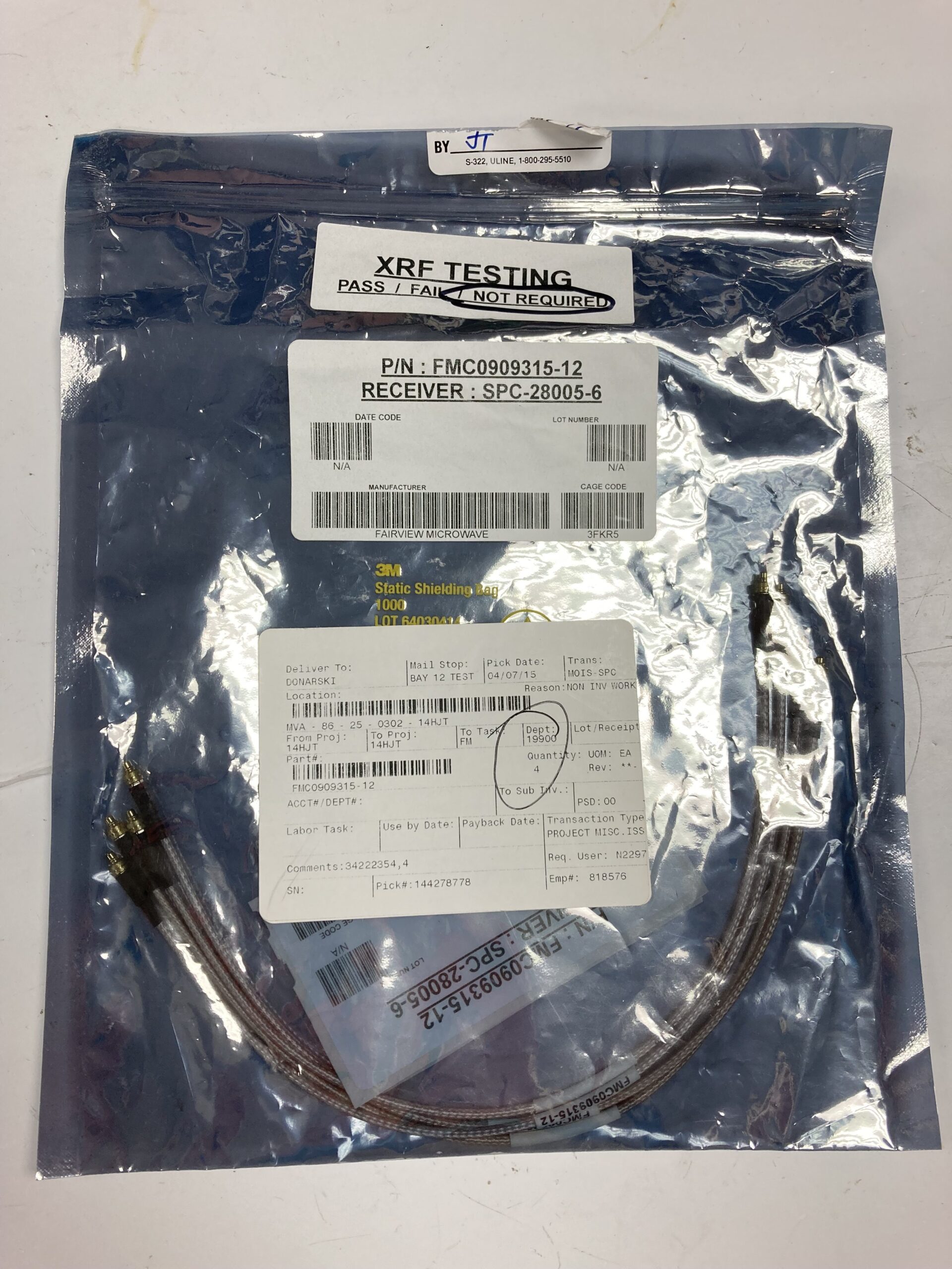 Fairview Microwave FMC0909315-12 MMCX Plug (Male) to MMCX Plug (Male) Cable (lot of 4)