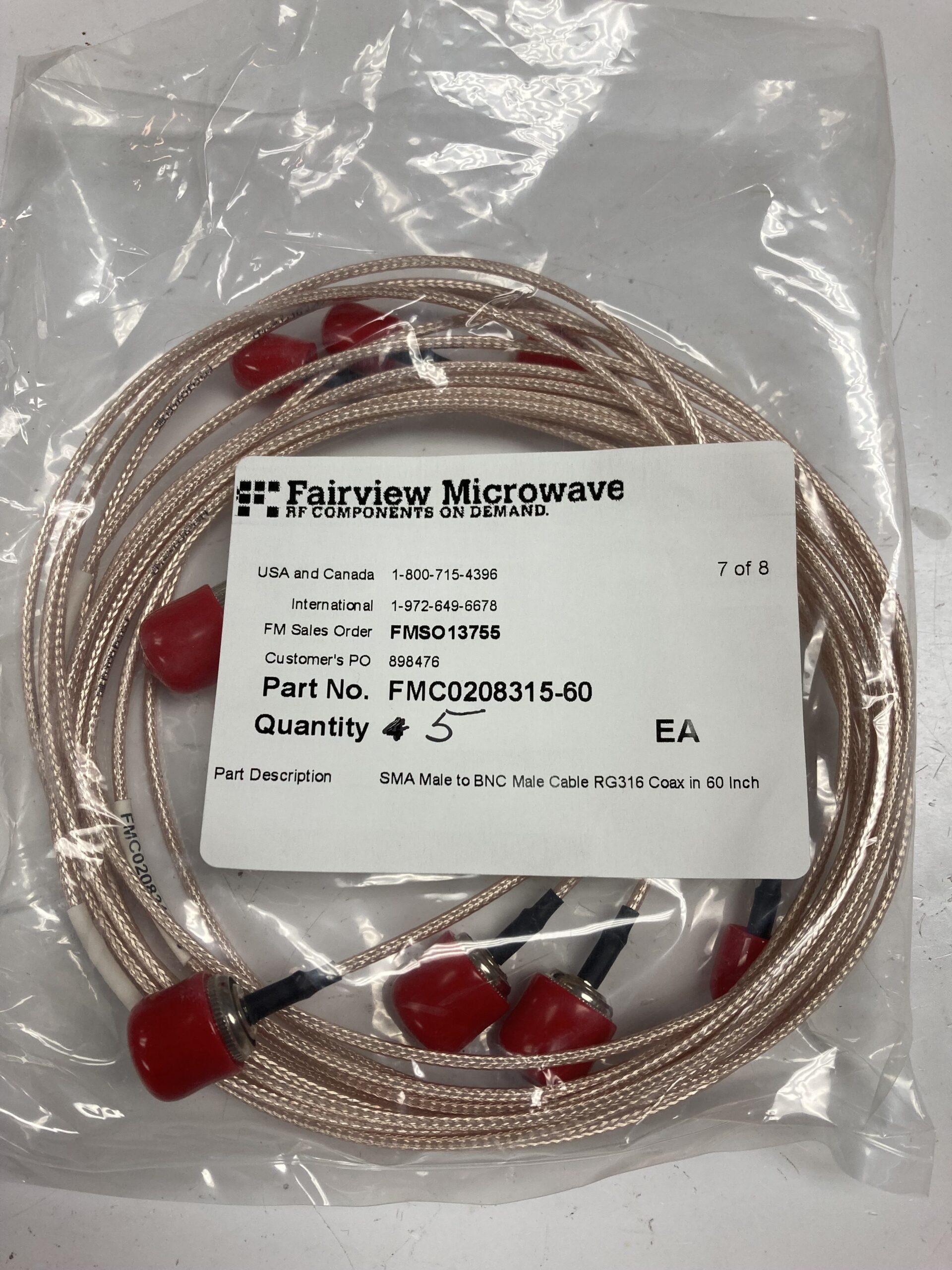Fairview Microwave FMC0208315-60 SMA Male to BNC Male Cable, RG316 Coax (lot of 5)