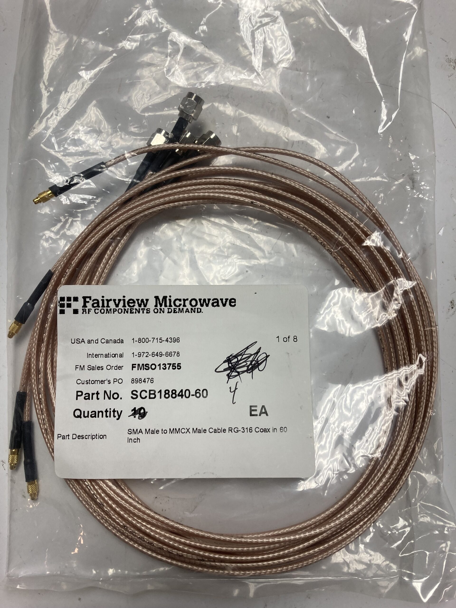 Fairview Microwave SCB18840-60 SMA Male to MMCX Male Cable RG-316 (lot of 4)